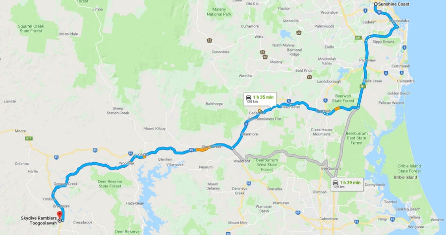 Proximity map showing distance between Sunshine Coast and Skydive Ramblers